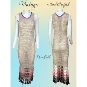 VTG RARE Handmade Raw Silk Weaved Macrame Swim Suit Cover/ Maxi Dress VTG Sz 11